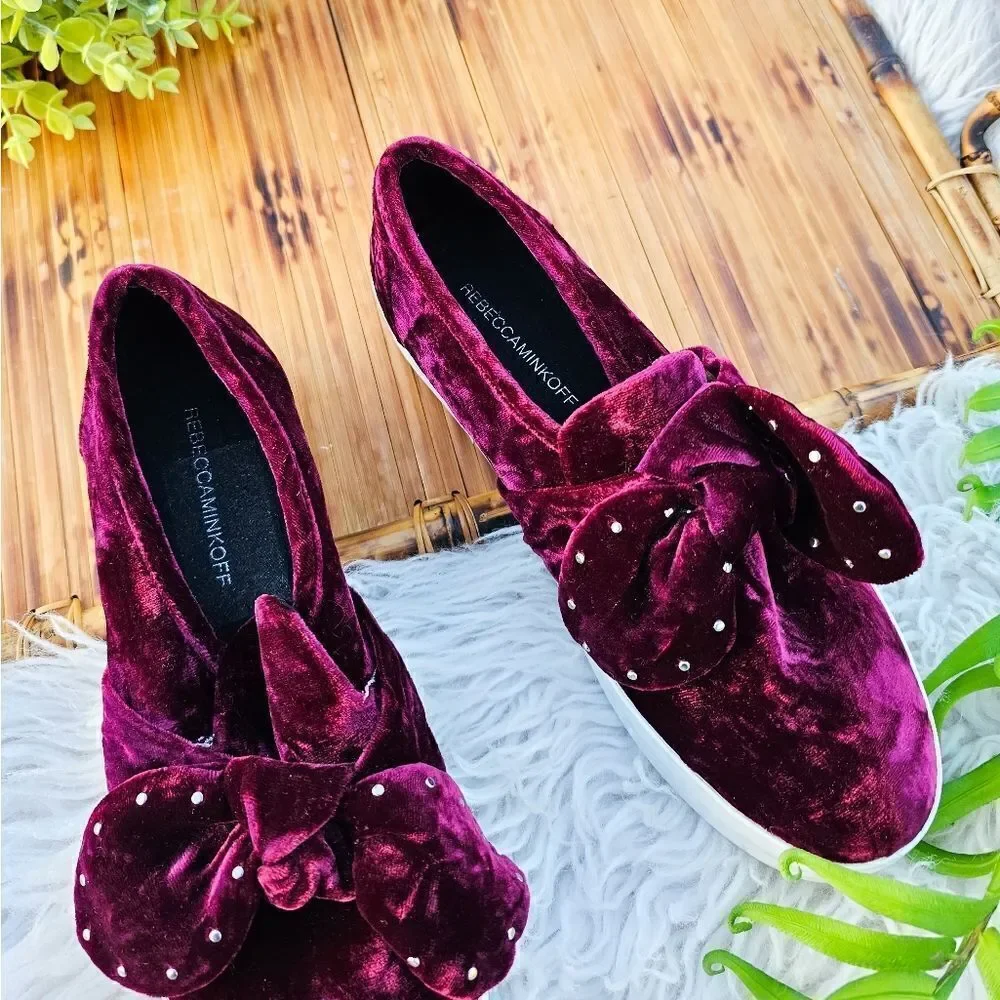 Rebecca Minkoff Stacey Studded Burgandy Velvet Slip On Sneakers.